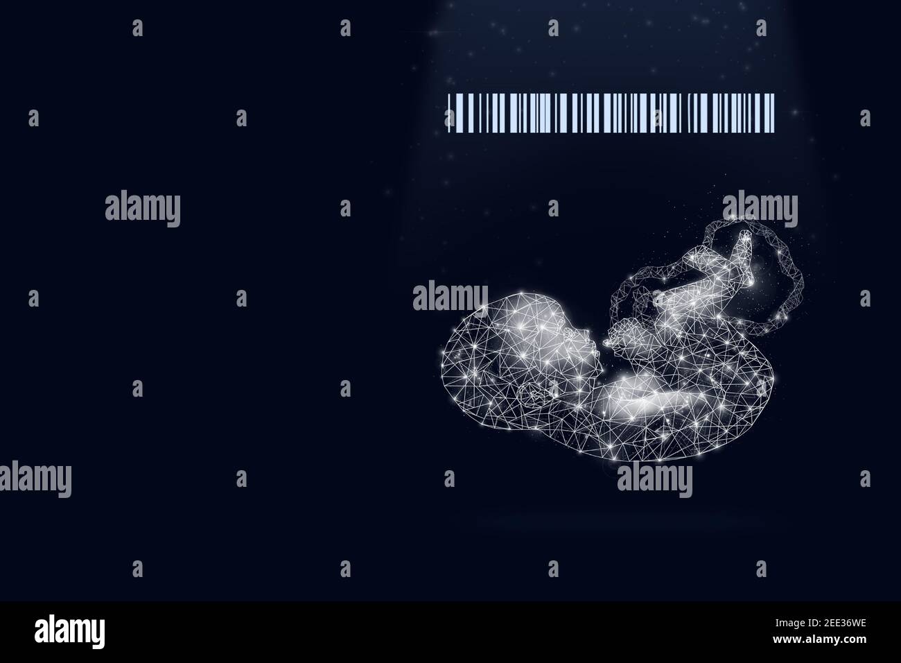Hologramm des Babys mit Barcode-Scan auf dunkelblauem Hintergrund. Human Cloning Konzept, künstliche Befruchtung. Stockfoto