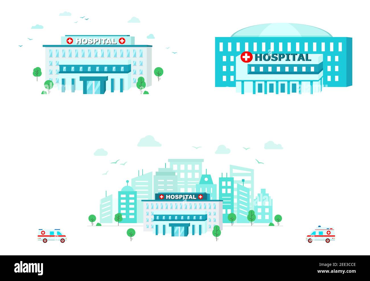 Das Krankenhausgebäude ist anders in einem flachen Stil eingerichtet. Gebäude des medizinischen Zentrums auf dem Hintergrund einer großen Stadt. Vektorgrafik. Stock Vektor