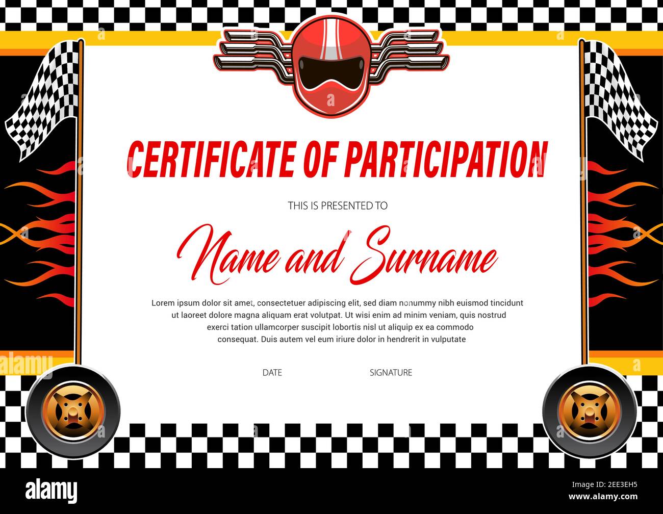 Autorennen Zertifikat Diplomvorlage, Rallye-Sport-Meisterschaft, Vektor-Award. Autorennen Gear Cup Teilnahme Ehre Preis mit Start oder Ziel Fla Stock Vektor