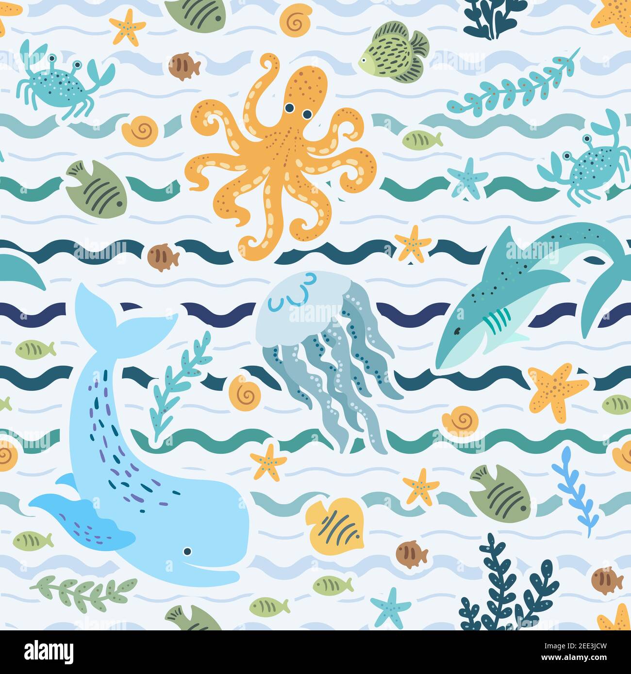 Nahtloses Muster mit niedlichen Cartoon Meerestiere. Sommer, marine Ornament. Vektor Stock Vektor
