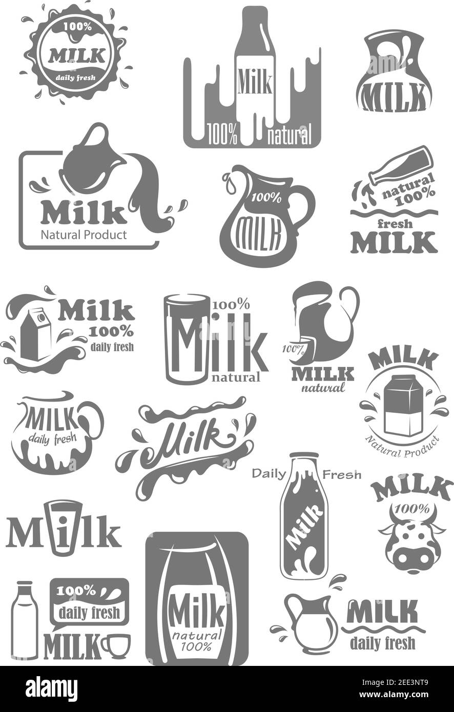 Milch-Symbole für Verpackungsetiketten für Milchprodukte. Vektor-Symbole von Milchspritzer, Flasche, Krug oder Krug und Box-Paket. Kuh und Bauernhof frische natürliche Abzeichen Stock Vektor