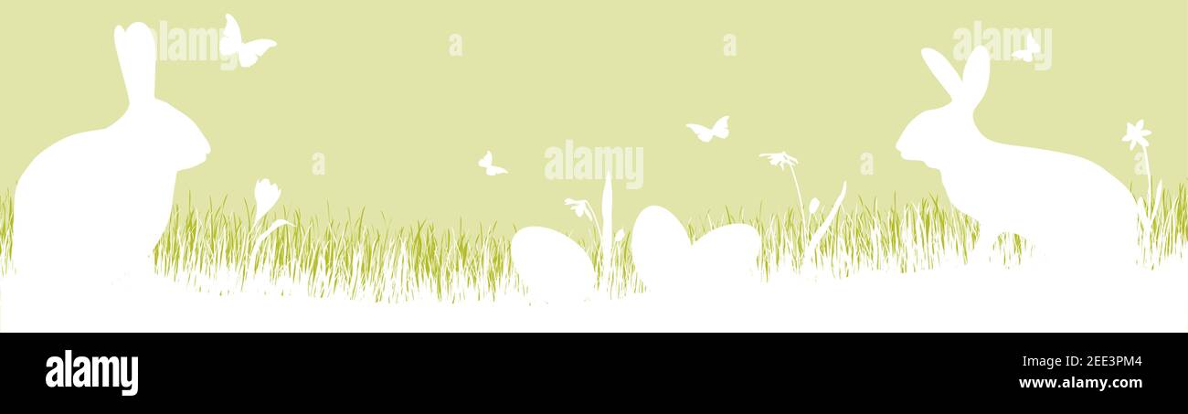 vektor-Panorama-Illustration für ostern Zeit, glücklicher Hintergrund mit grüner Silhouette eines Kaninchen mit Eiern, Gras, Blumen. Frühlingskulisse für Stock Vektor
