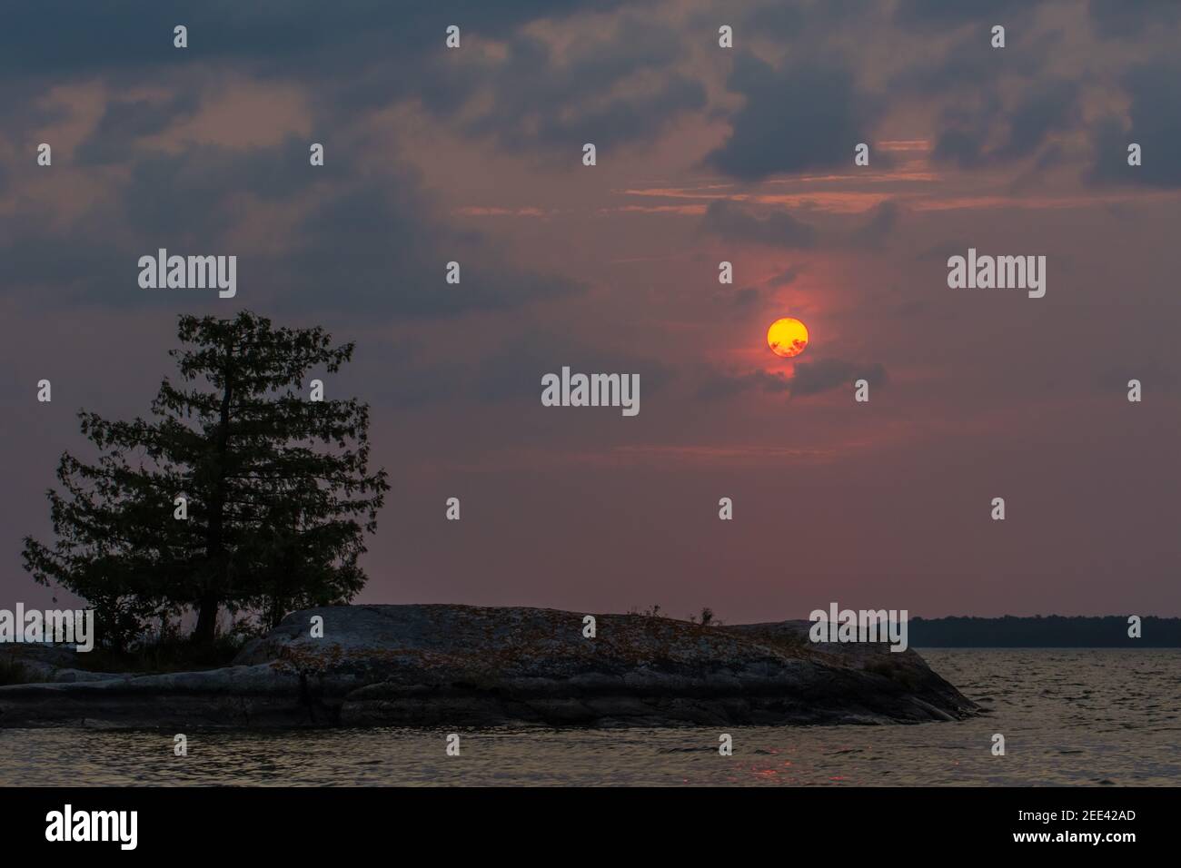 Sonnenuntergang über Scheinwerferinsel, Kabetogama Lake, Voyageurs National Park Stockfoto