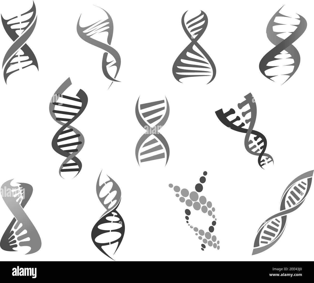 DNA-Helix oder Gen und genetische Molekül Symbole gesetzt. Deoxyribonukleinsäure molekularer Strukturvektor isolierte Symbole für Genetik Medizin oder healthcar Stock Vektor