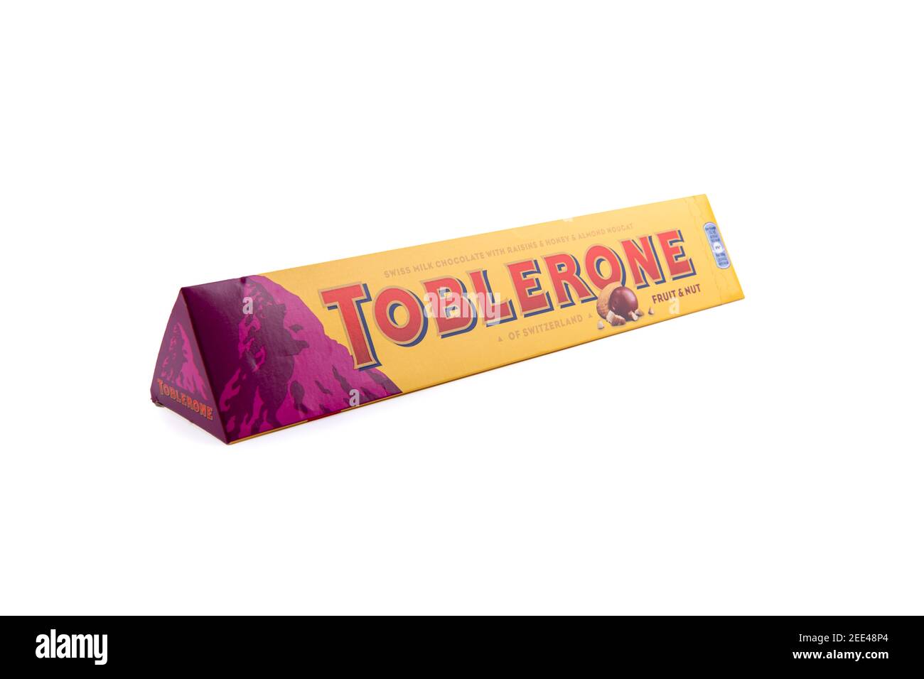TOBLERONE Schweizer Milchschokolade mit Honig und Mandel Nougat. TOBLERONE ist eine Schweizer Schokolade von Itera Stockfoto