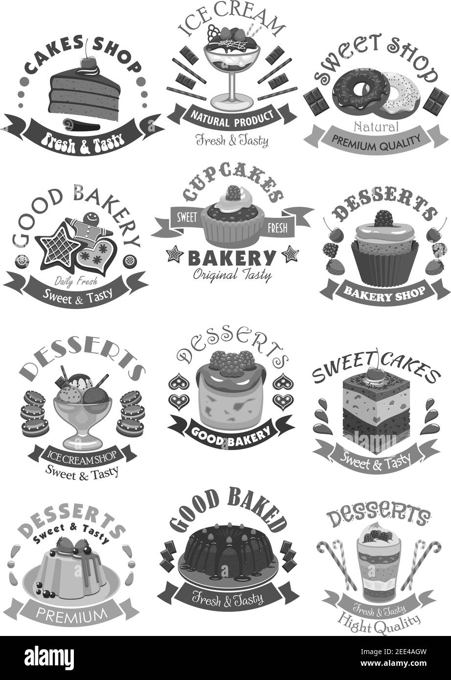 Bäckerei und Konditorei Ikonen von Desserts und Kuchen. Schokoladengebäck, Eis und Muffins. Torte Käsekuchen oder Brownie Pasteten und Lebkuchen c Stock Vektor