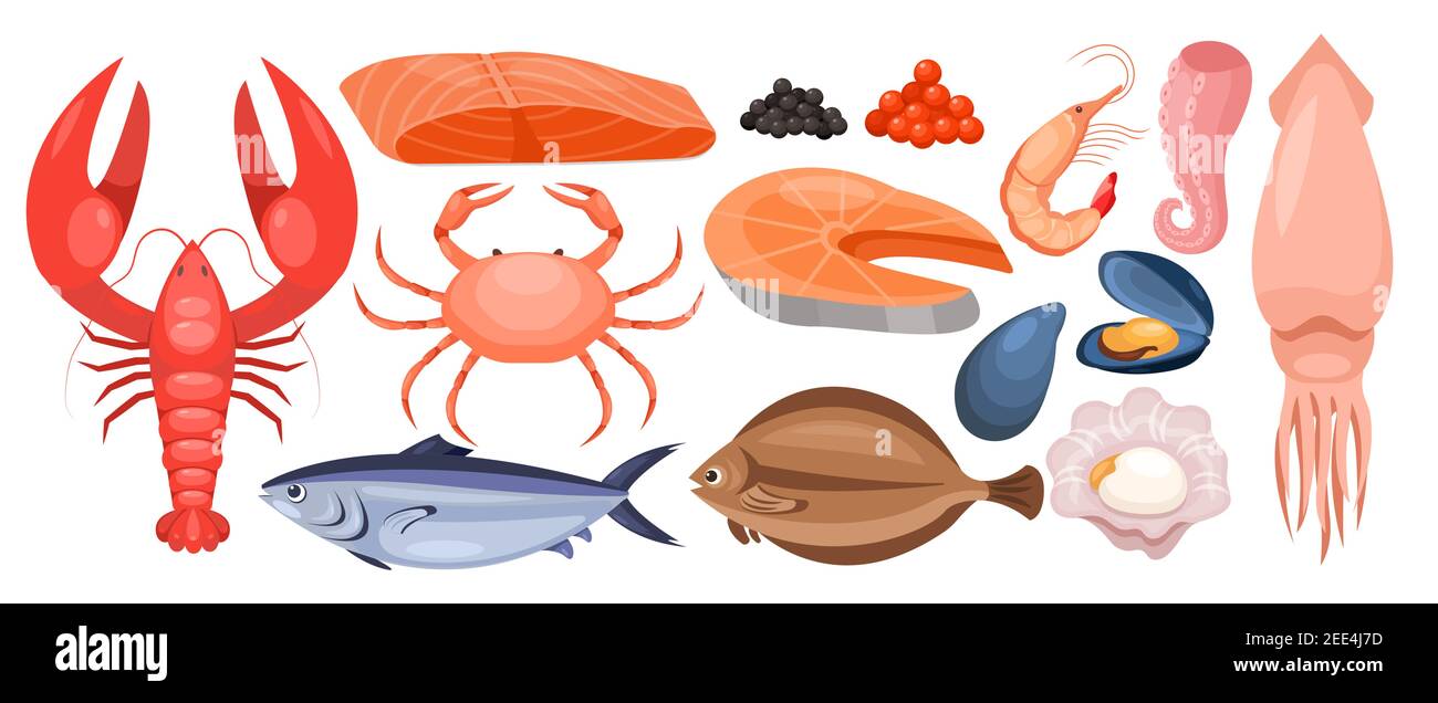 Meeresfrüchte-Menü isoliert, Cartoon rohe Meeresfische, Meer oder Meer Sammlung von Lebensmitteln Stock Vektor