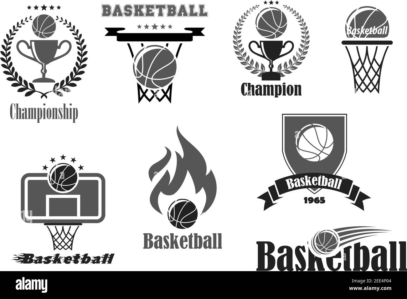 Basketball-Turnier oder Meisterschaft Auszeichnung Abzeichen oder Sportverein Symbole Satz von Spielball und Korb Tor. Vector Champion und Gewinner Cup Preis, conte Stock Vektor