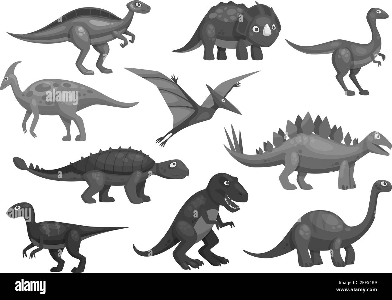 Dinosaurier oder Dino jurassic Zeichentrickfiguren von t-rex Tyrannosaurus, Brontosaurus und Triceratops Eidechse, Pterosaur oder Pterodactyl Vogel. Vector isola Stock Vektor