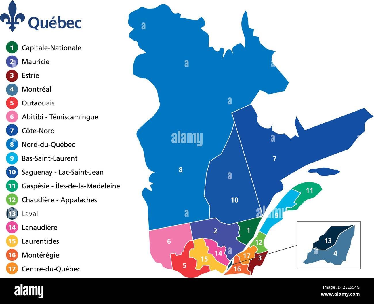 Provinz Quebec Karte mit Grafschaften Grenzen Verwaltungsgebiet Stock Vektor