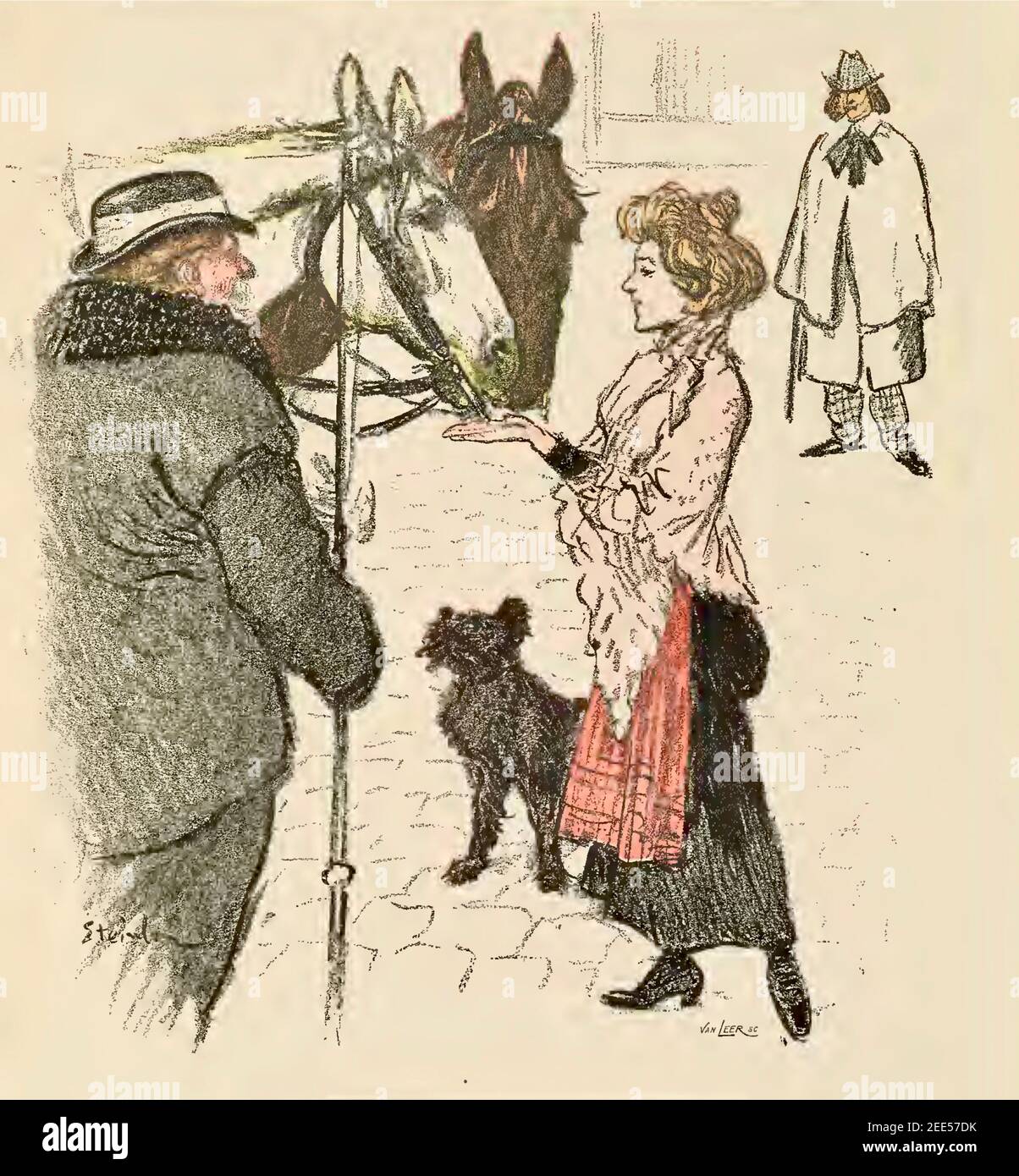 Eine Frau füttert einem Pferd einen Klumpen Zucker, während der Reiter und ein anderer Mann darauf schauen. Theophile Steinlen hat den Klumpen Zucker oder Unschuld betitelt? Stockfoto