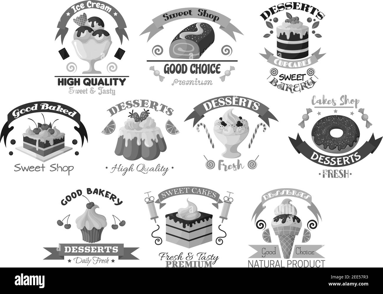 Bäckerei Ikonen von Desserts und Kuchen. Café oder Cafeteria Gebäck Symbole der Schokolade Kekse, Eis Pudding, Muffins und Torten Kuchen von Käsekuchen oder Stock Vektor