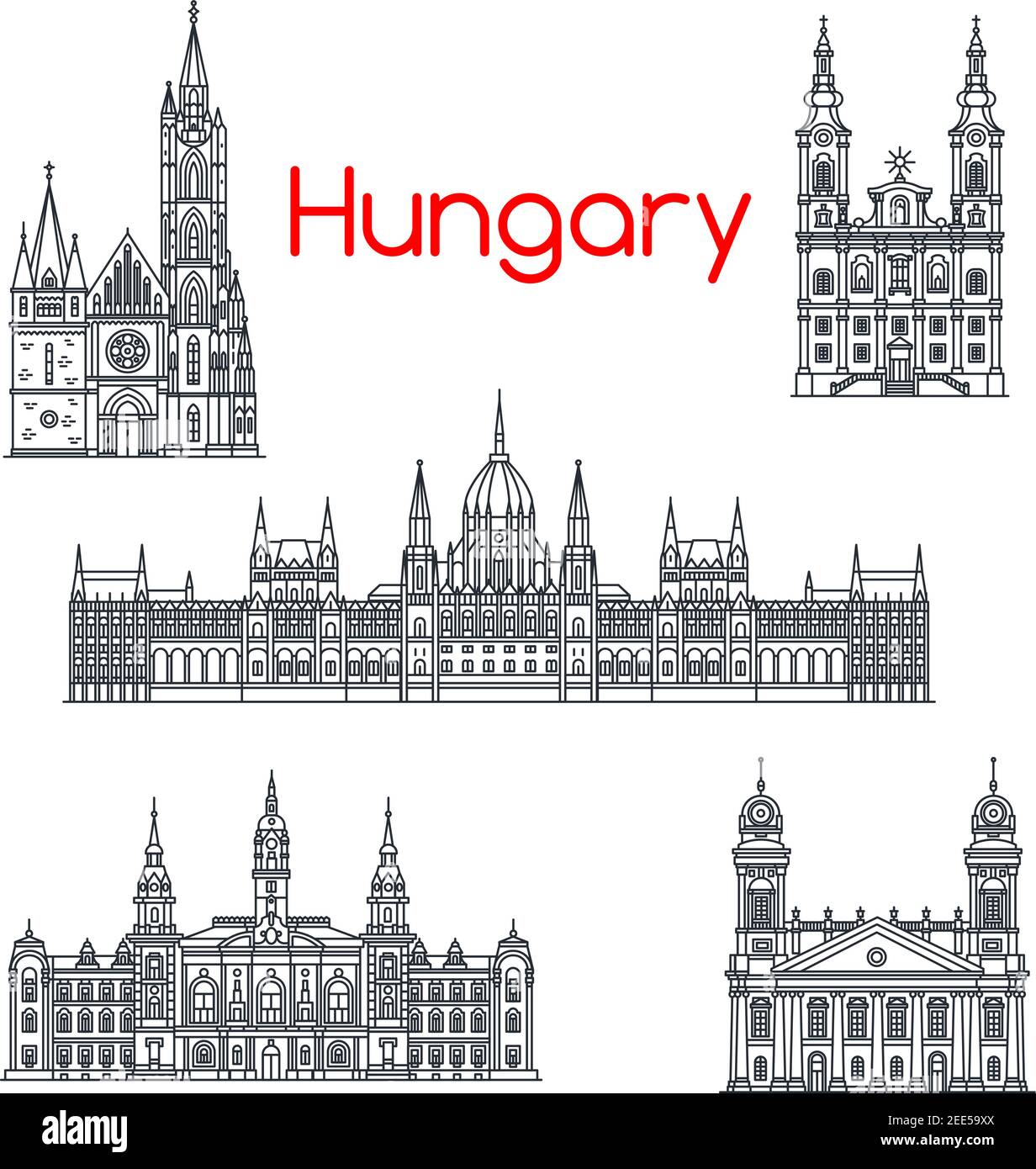 Ungarische Architektur und berühmte ungarische Wahrzeichen Gebäude. Vector isolierte Ikonen und Fassaden des Budapester Parlaments, Matthias und Debrecen Kirche A Stock Vektor