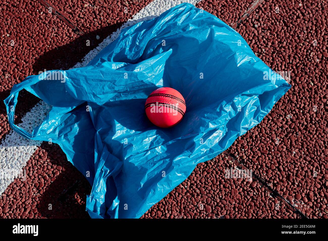 Rote Cricket Ball auf einem tiefblauen Plastiktüte Stockfoto