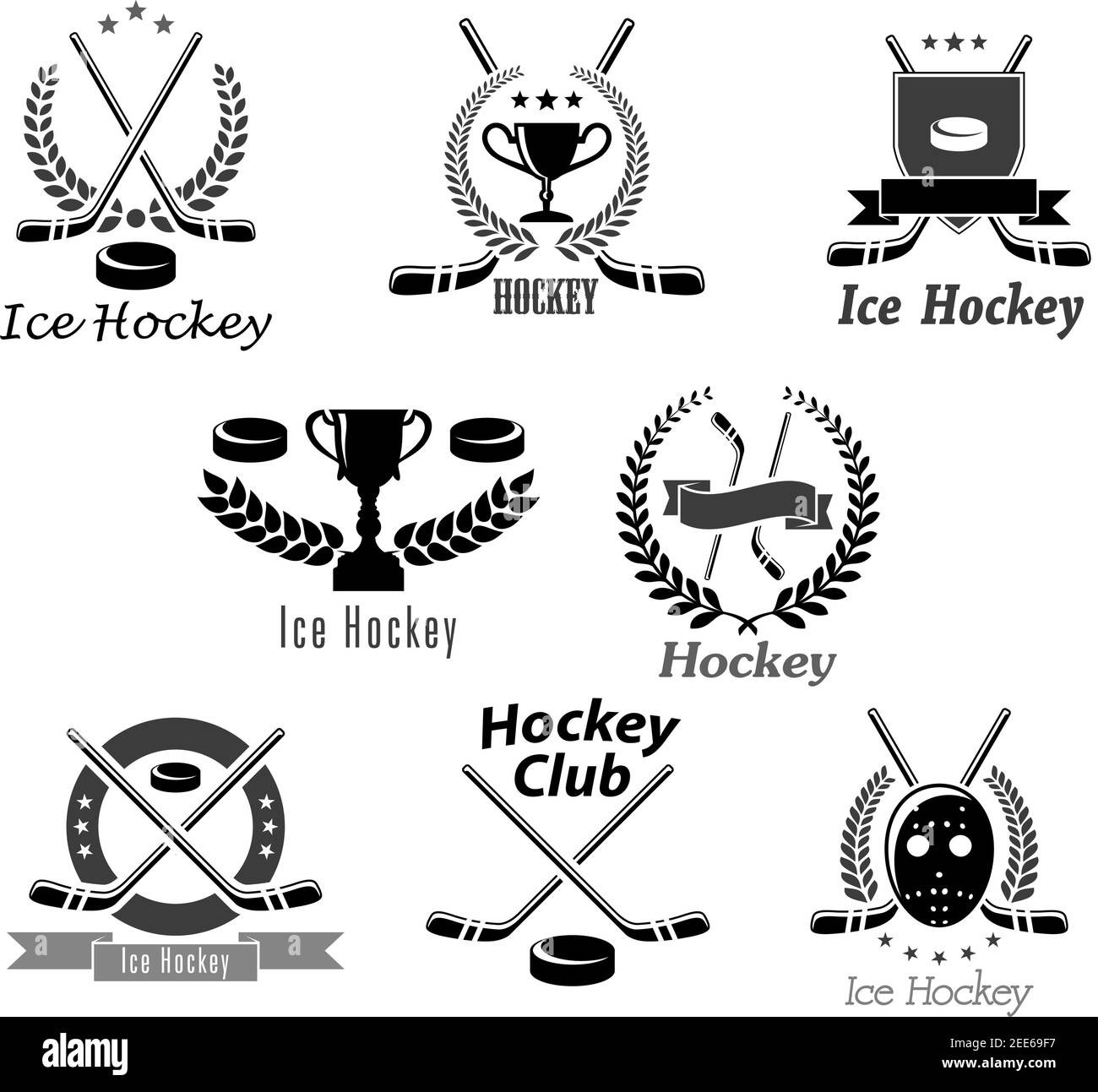 Eishockey-Club und Sportturnier Symbole für Meisterschaft Abzeichen. Puck, Hockey-Stick und Torwart Maske Vektor-Symbole. Set aus Siegerpokal und Cha Stock Vektor