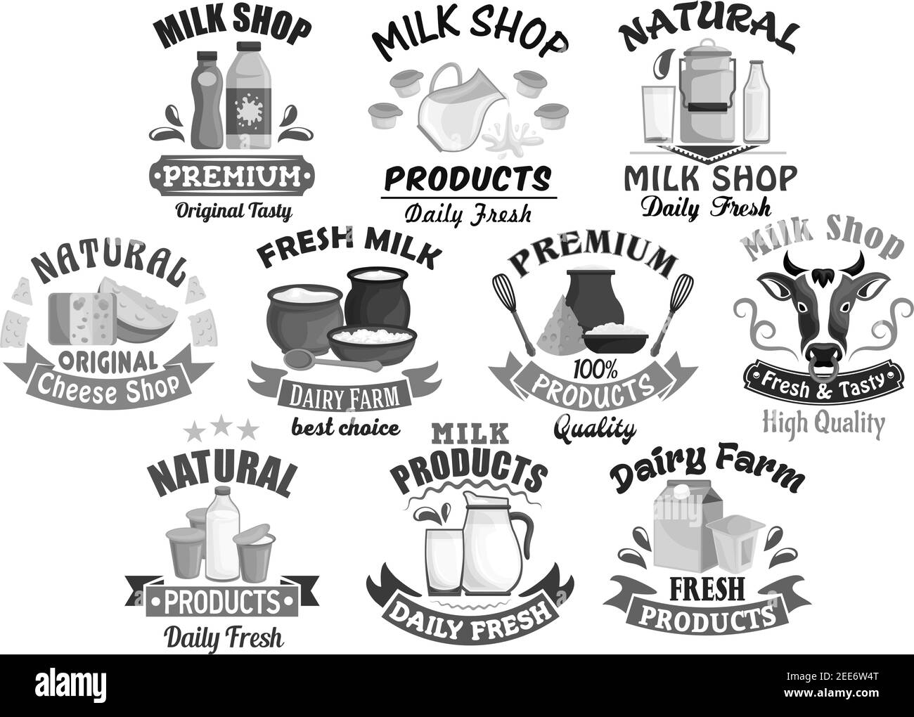 Milk Shop Symbole für landwirtschaftliche Milchprodukte. Milchprodukte Butter und Käse, Sauerrahm und Quark oder Joghurt und Kefir in Krug oder Flasche. Vektorsymbole von Stock Vektor
