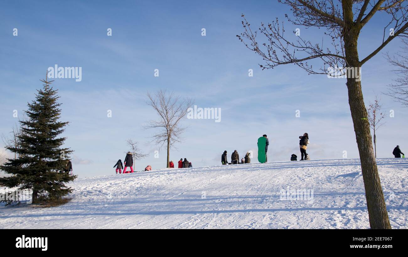 Toronto, Ontario / Kanada - 02-14-2021: Panoramablick auf den öffentlichen Park im Winter mit Menschen, die Rodel spielen. Winter, draußen, gesunde Lebensweise. Stockfoto