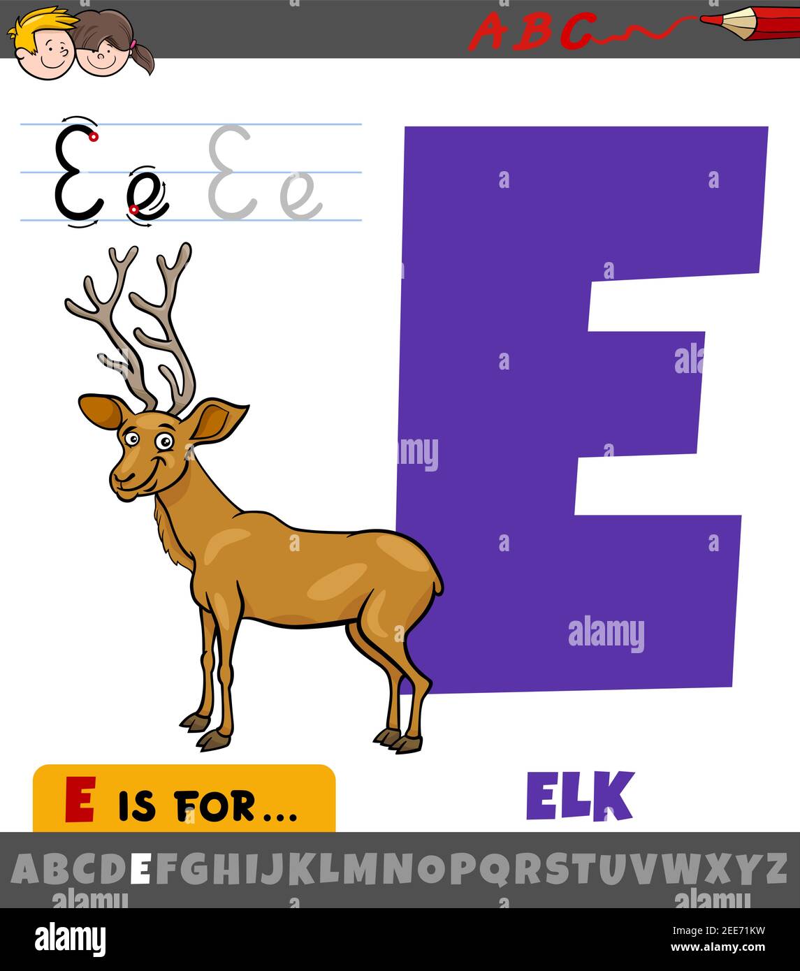 Pädagogische Karikatur Illustration des Buchstaben E aus Alphabet mit Elch Tierischer Charakter für Kinder Stock Vektor