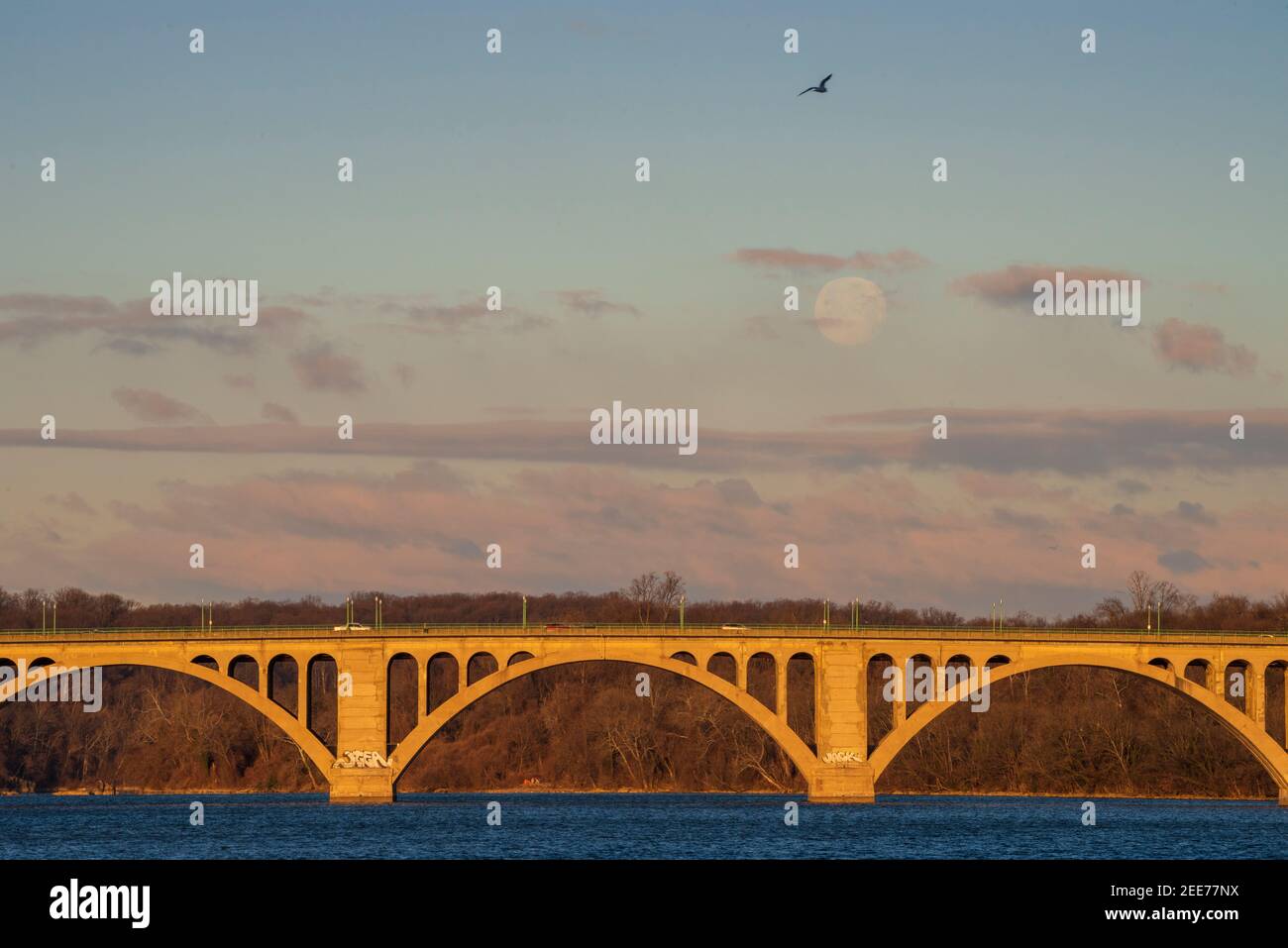 Der Vollmond geht im frühen Morgenlicht über der Key Bridge in Washington, DC, unter. Stockfoto