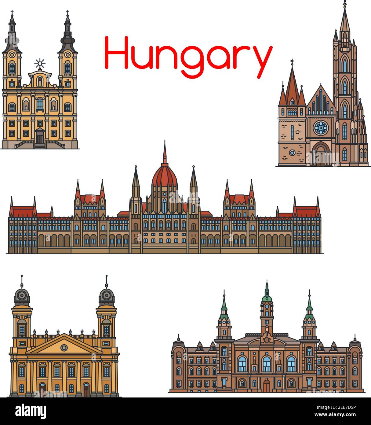 Ungarische Reise Wahrzeichen der historischen Gebäude dünne Linie Symbol gesetzt. Ungarisches Parlamentsgebäude, Matthias Kirche, Reformierte Große Kirche, Roman Cat Stock Vektor