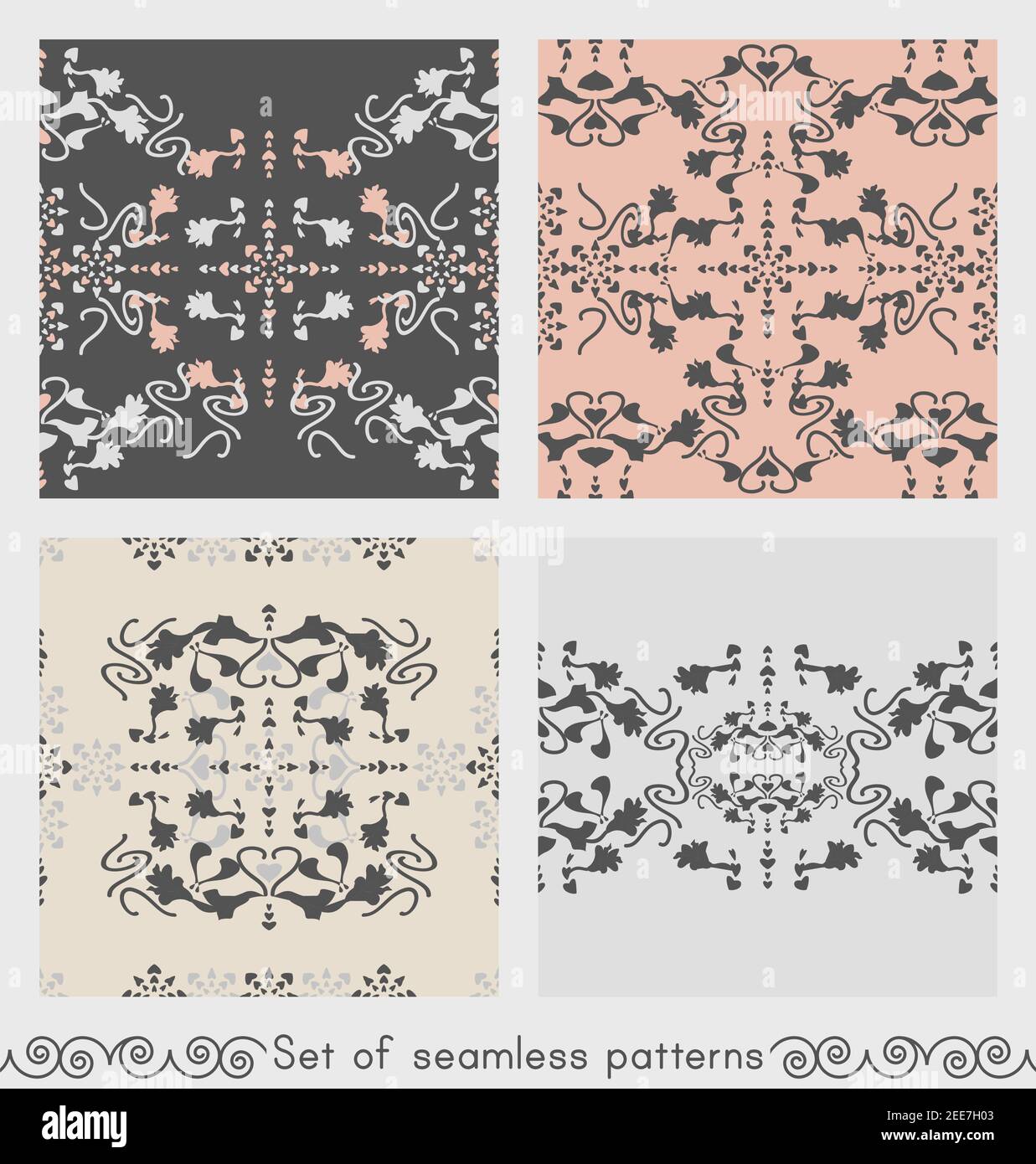 Set von nahtlosen Mustern floral mit Lilienblumen und Herzen. Grau, cremefarbenes Elfenbein und pastellorange. Vektor. Stock Vektor