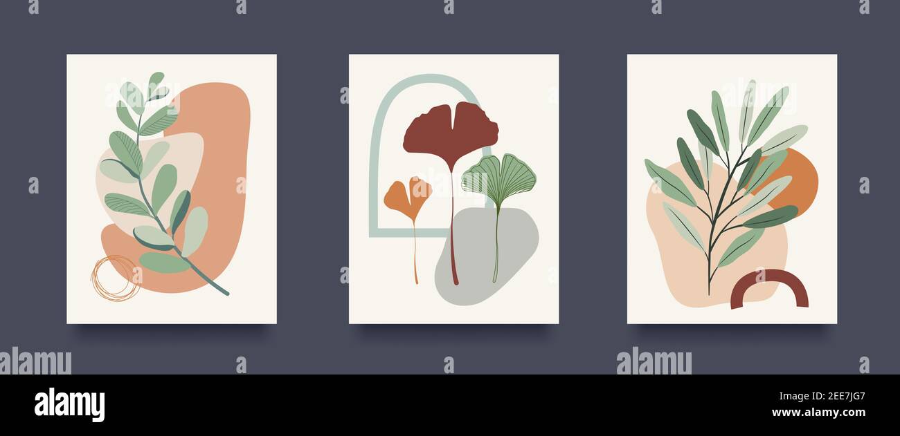 Blumendesign Minimalistischen Abstrakten Hintergrund-Set. Hand ertränkt abstrakt farbige Formen, Linie Kunst, tropische Blätter. Vektorgrafik Stock Vektor