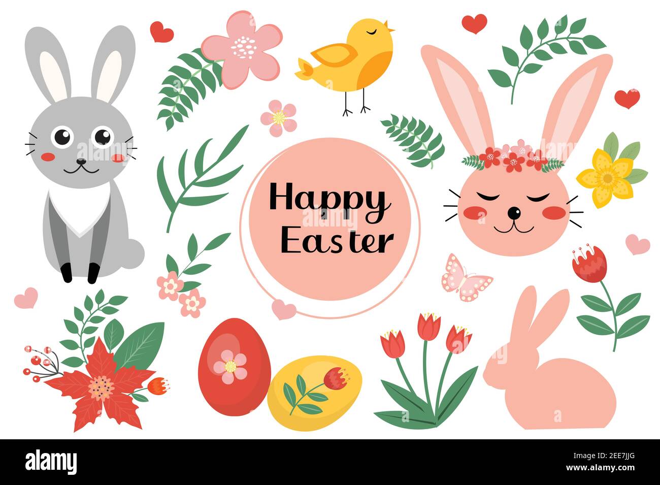 Frohe Ostern niedliches Set mit Osterhasen, Kaninchen, Eier, Blumen. Hallo Frühling Set Icons, Objekte. Vektorgrafik Stock Vektor