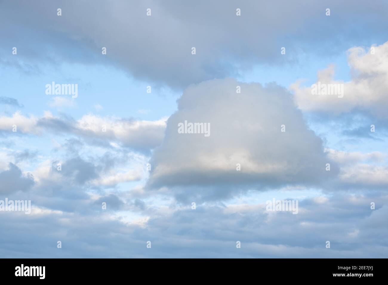 Eine Wolke von einer seltsamen und interessanten Form vor einem Hintergrund von anderen Wolken und einem blauen Himmel. Ort für Ihren Text. Stockfoto