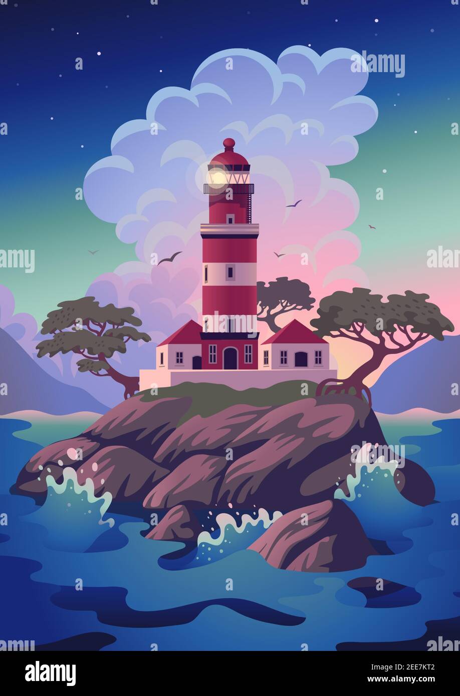 Leuchtturm - Vektorlandschaft. Meereslandschaft mit Leuchtfeuer auf der Klippe. Vektor-Illustration in flachen Cartoon-Stil. Stock Vektor