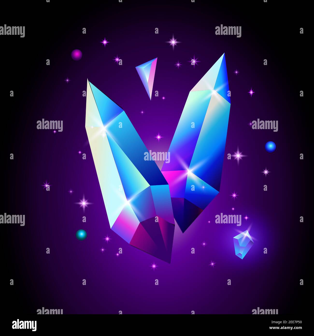 Abstrakt trendige kosmische Poster mit Kristall Edelsteine und Pyramide geometrischen Formen im Raum. Neon Galaxie Hintergrund. 80s-Stil. Poster mit geometrischem Muster Stock Vektor