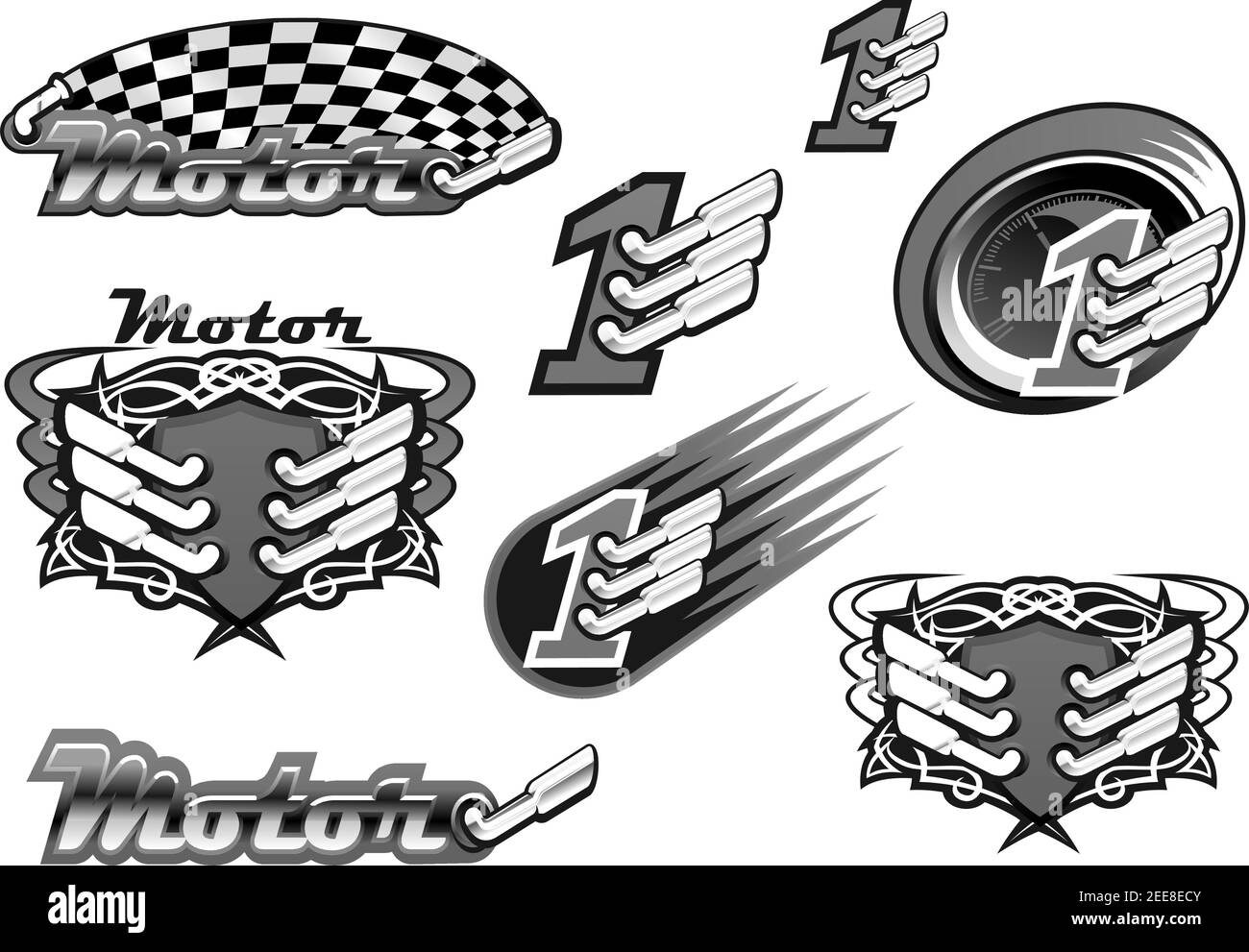 Autorennen oder Motorsport-Rennen Vektor-Symbole von Motor und karierten Rallye-Flagge und Nummer eins Meisterschaft Gewinner oder Turniersieg Symbol. Isola Stock Vektor