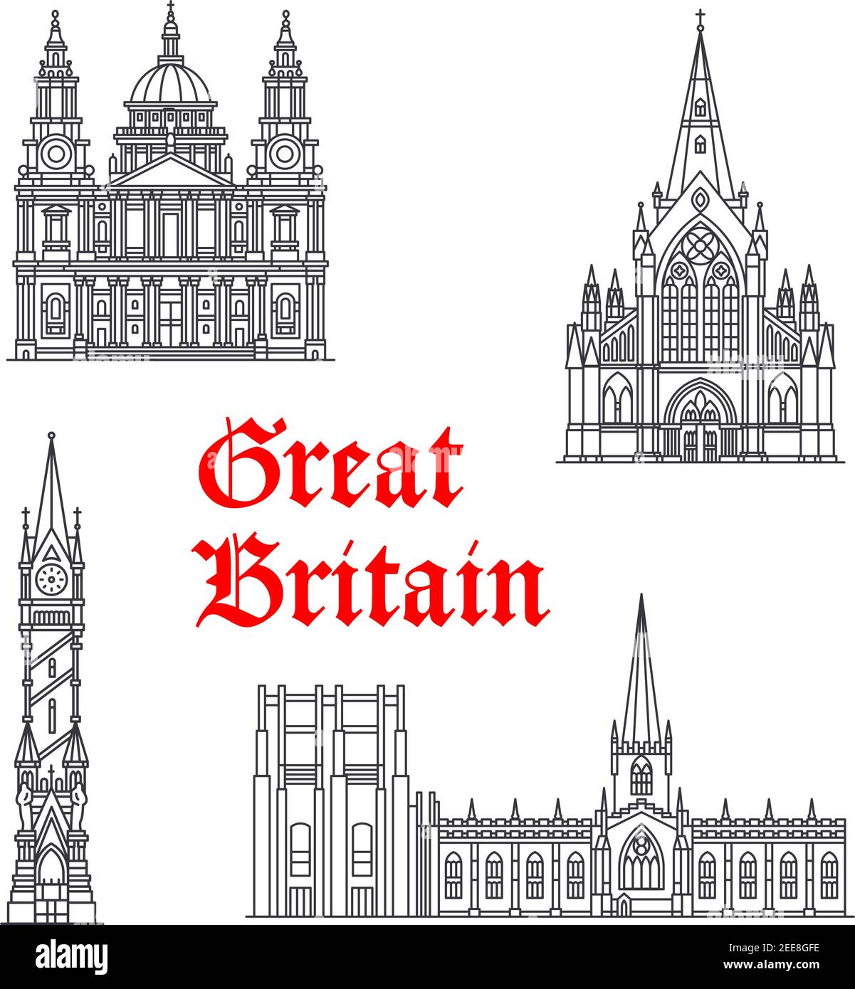 Britische Architektur und berühmte britische Wahrzeichen. Vektor isolierte Ikonen und Fassaden von Clock Tower, St Mungo, St Paul und Sheffield Ca Stock Vektor