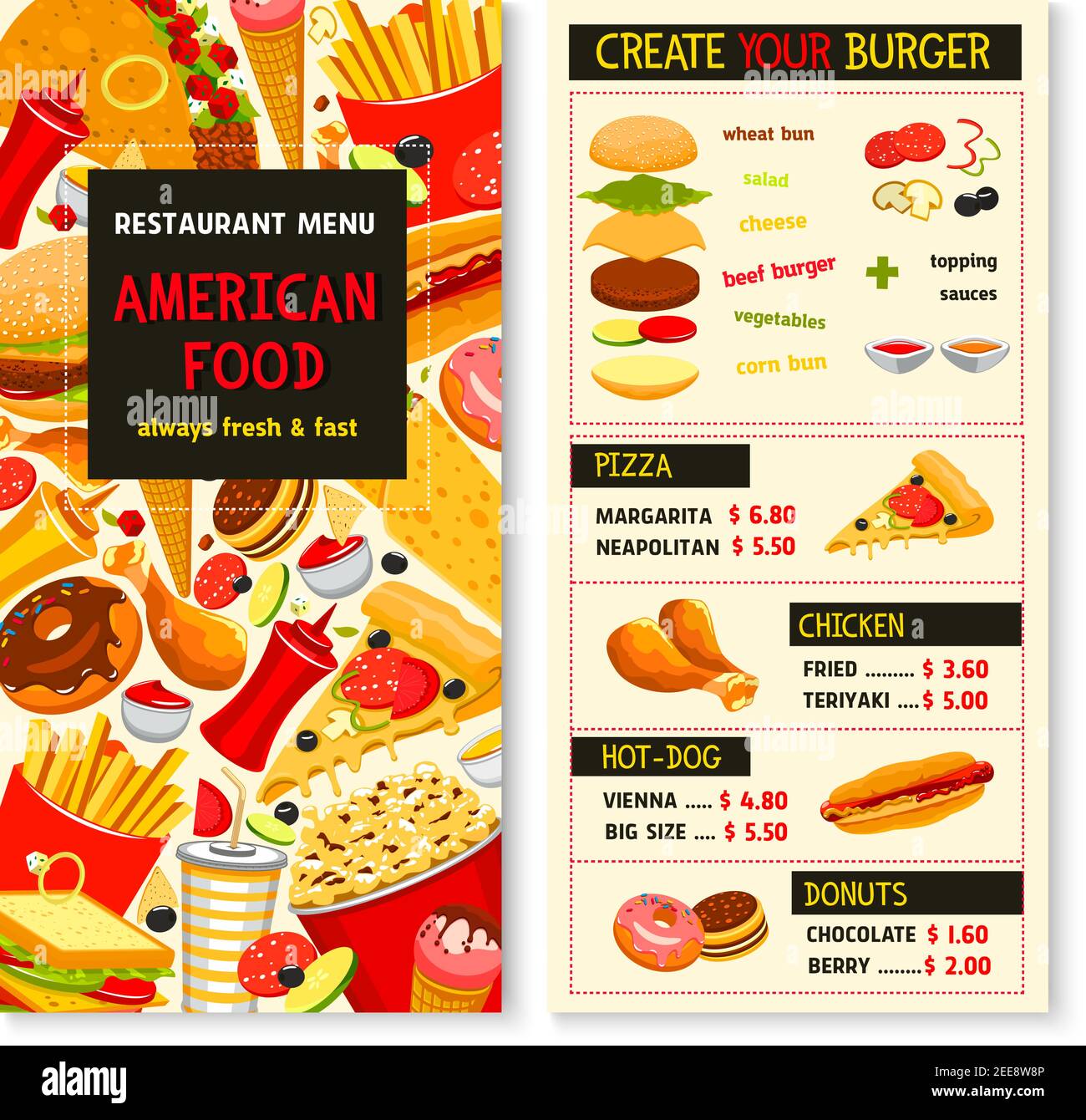 Schnellimbiss. Vektor-Design für Fastfood-Restaurant. Preis für Hamburger und pommes frites Combo Mahlzeit, Cheeseburger und Pizza, Soda oder Kaffee Getränke Stock Vektor