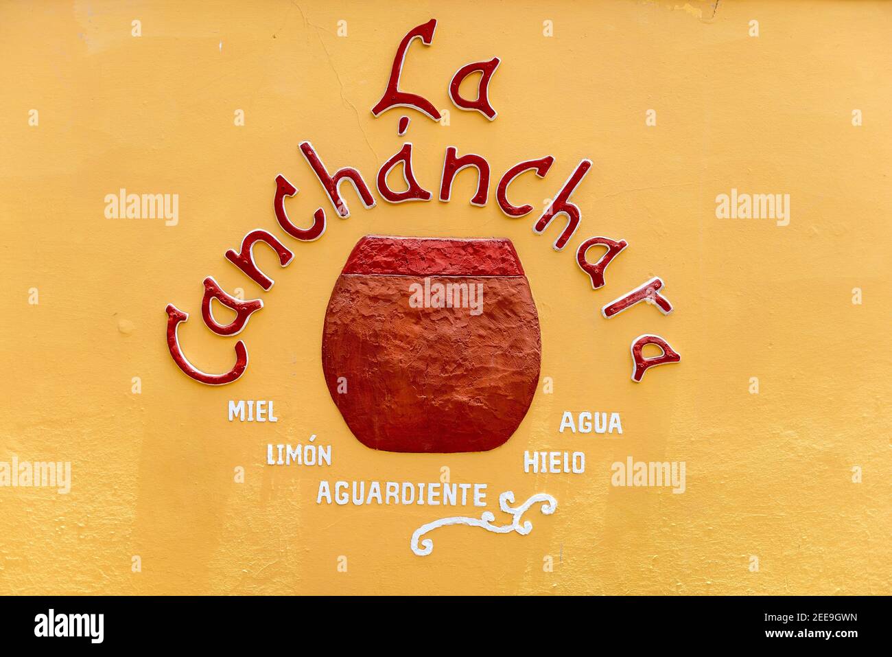 La Canchanchara Schild an der Wand, ist der Ort eine beliebte Touristenbar in Trindiad serviert den Cocktail mit dem gleichen Namen. Der Canchanchara Cocktail wurde benutzt Stockfoto