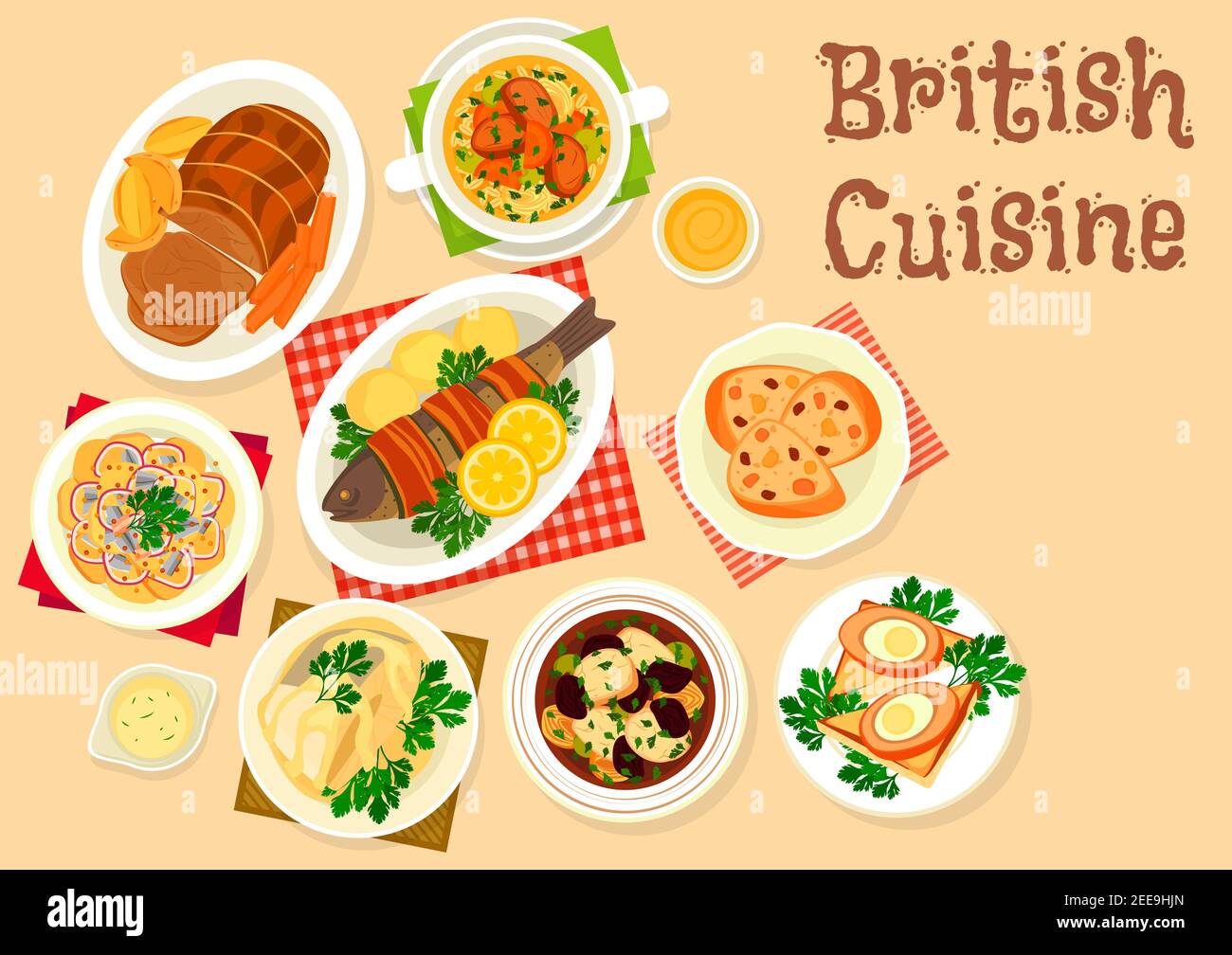 Britische Küche leckere Gerichte Ikone von Roastbeef, in Speck gebackene Forelle, schottische Suppe mit Lamm, Fisch in Sahnesauce, Kartoffel-Fischsalat, frittiertes Ei Stock Vektor