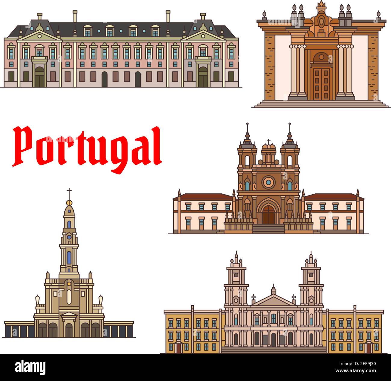 Portugiesische Reise Wahrzeichen Icon Set. Lineares Gebäude der katholischen Kirche Alcobaca Kloster, Joanina Bibliothek der Universität von Coimbra, Palast von Mafra, Stock Vektor