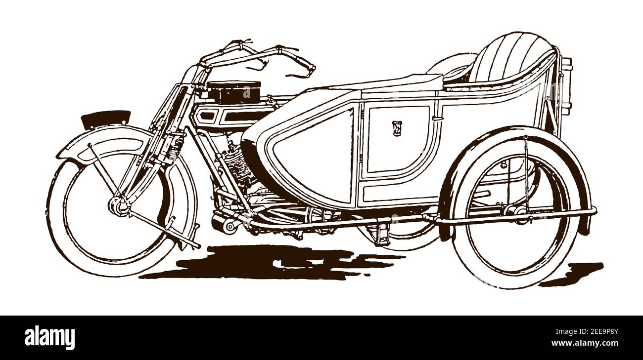 Antikes Motorrad mit Seitenwagen in Seitenansicht, nach einer Illustration aus dem frühen 20th. Jahrhundert Stock Vektor
