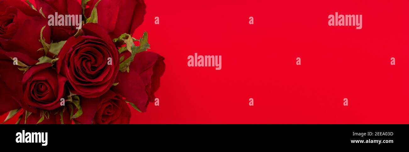 Valentinstag oder Hochzeit Rosenstrauß auf rotem Banner Hintergrund Mit Kopierbereich Stockfoto