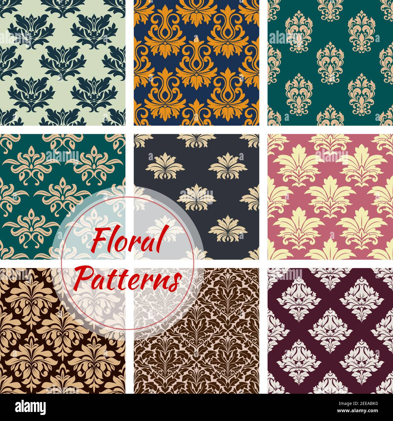 Blumenschmuck Muster und nahtlose blumige Dekor Fliesen Set. Vector florieren und kunstvoll Tracery Muster oder Verzierungen mit ornamental vintage und ein Stock Vektor