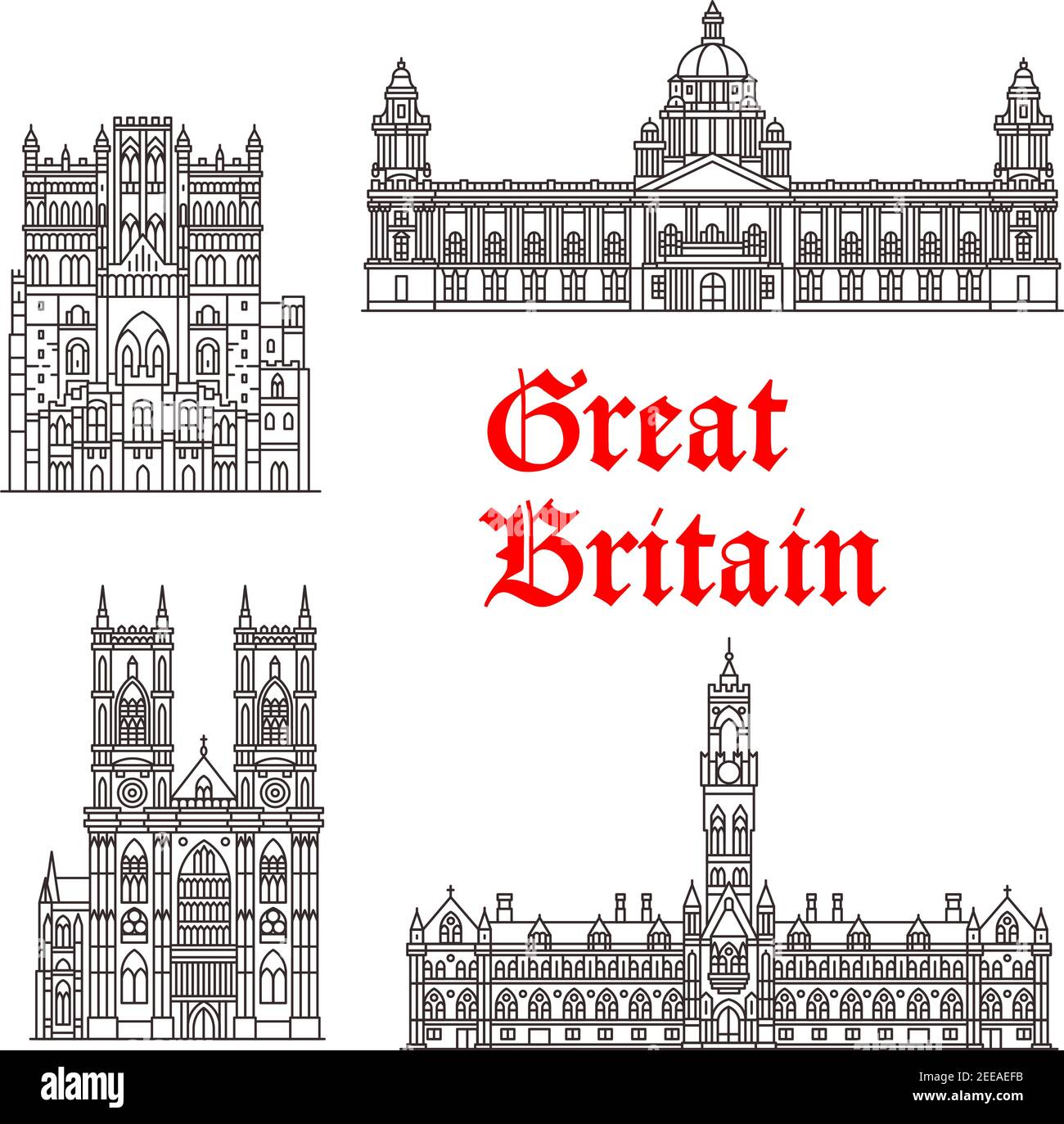 Britische Architektur und berühmte britische Wahrzeichen. Vektor isolierte Ikonen und Fassaden von Westminster Abbey, Ourham Cathedral, City Hall Stock Vektor