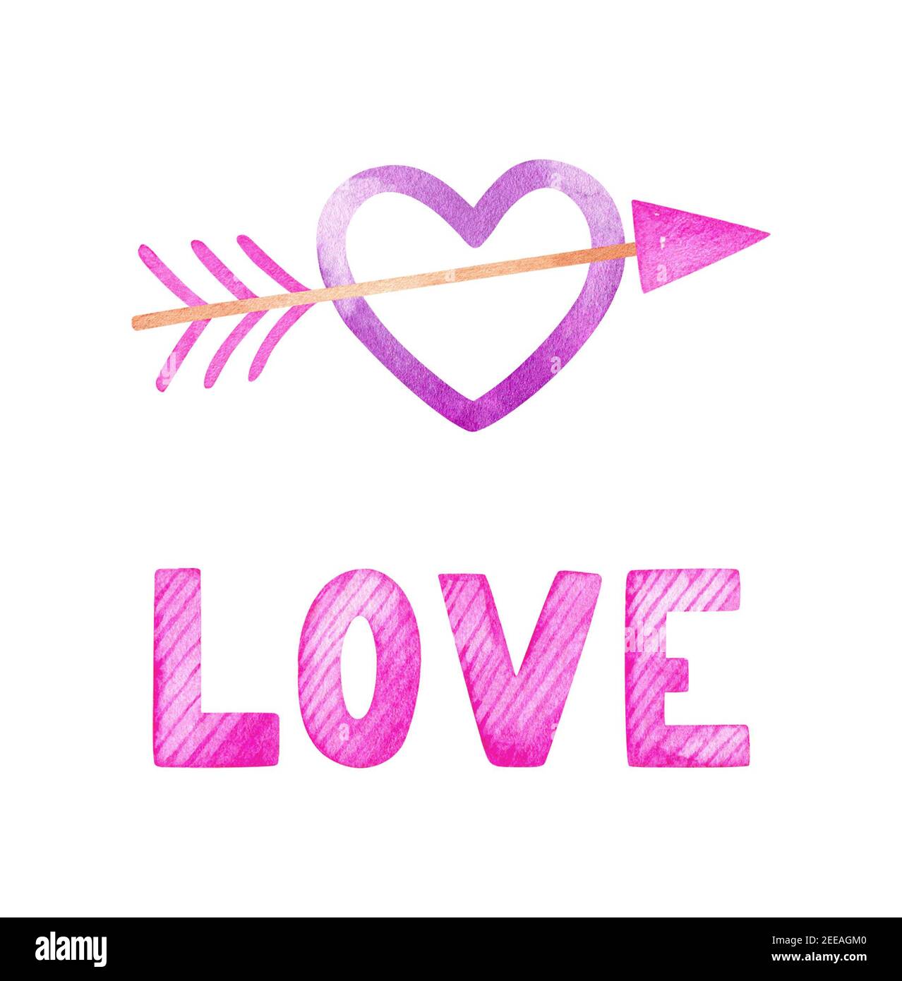 Valentinstag Aquarell Set. Herz durchbohrt von einem Pfeil und der Inschrift Love in rosa Farben. Festliche romantische Cliparts. Stockfoto