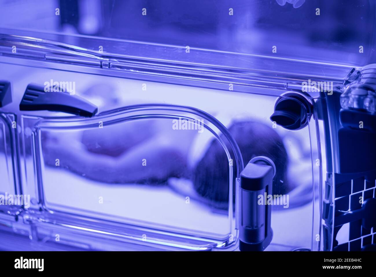 Neugeborenes Baby unter ultravioletter Lampe wird für Gelbsucht behandelt  (Erhöhtes Bilirubin) im Krankenhaus von Vancouver Stockfotografie - Alamy