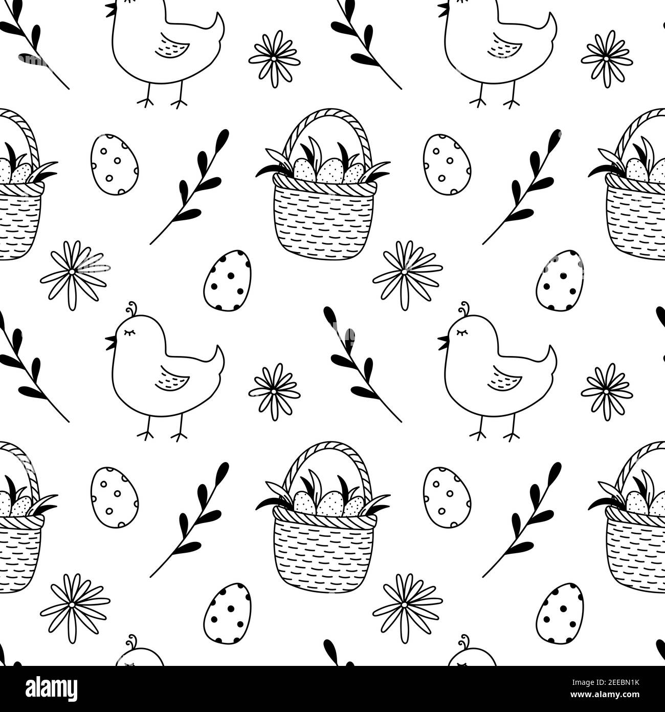 Nahtloses Ostermuster. Süße Küken, festliche Ostereier im Korb, Frühlingszweige und Blumen. Vektor-handgezeichnete Illustration im Doodle-Stil. Stock Vektor