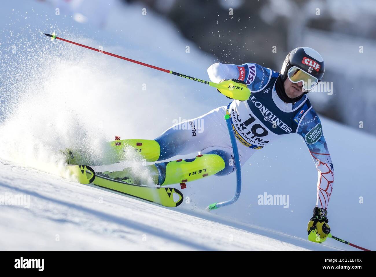 15. Februar 2021, Italien, Cortina D´ampezzo: Alpinski: Weltmeisterschaft, kombiniert, Herren: Bryce Bennett aus den USA. Foto: Michael Kappeler/dpa Stockfoto