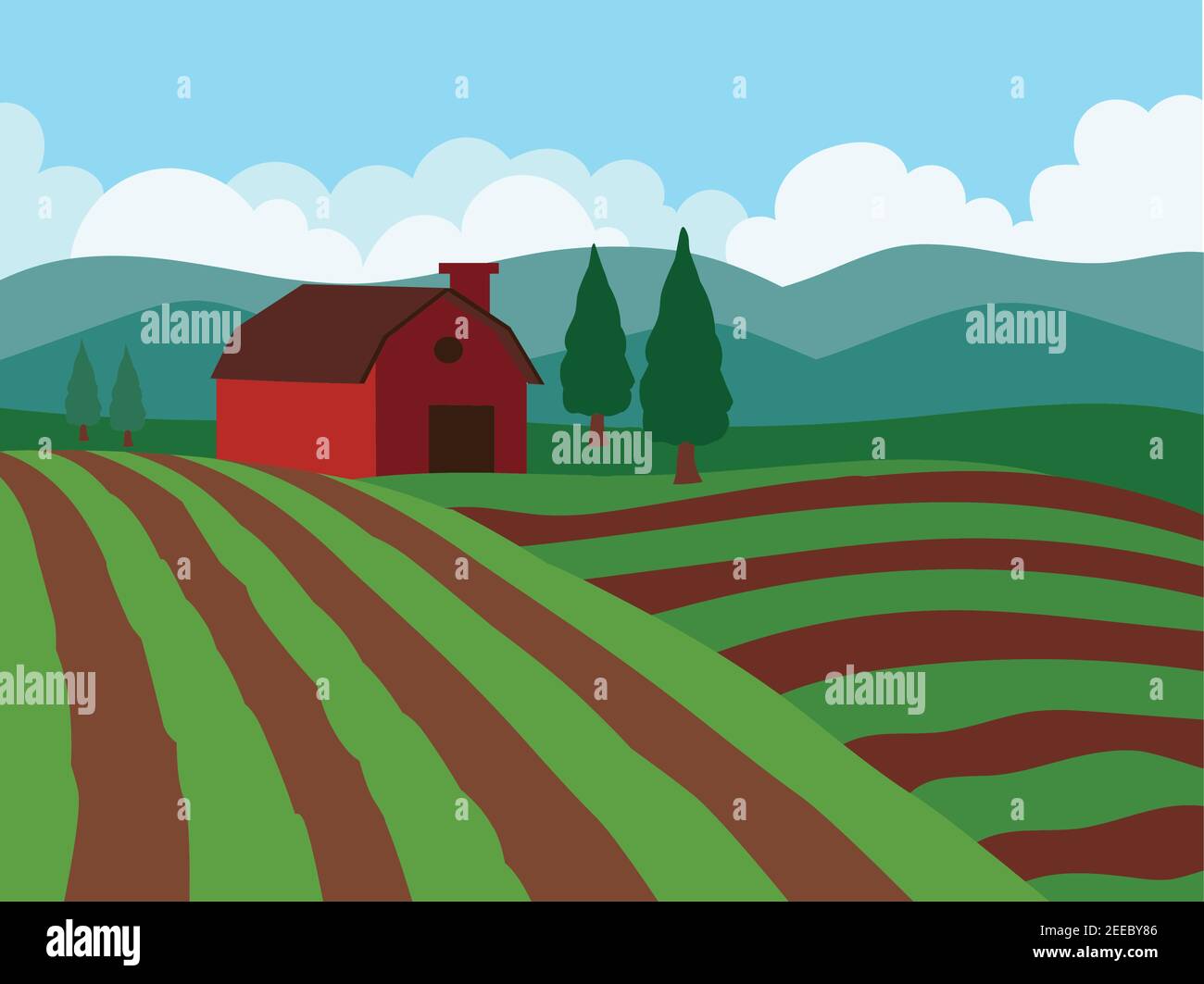 Bauernhof Grüne Felder mit Bergen Vektor-Illustration Stock Vektor