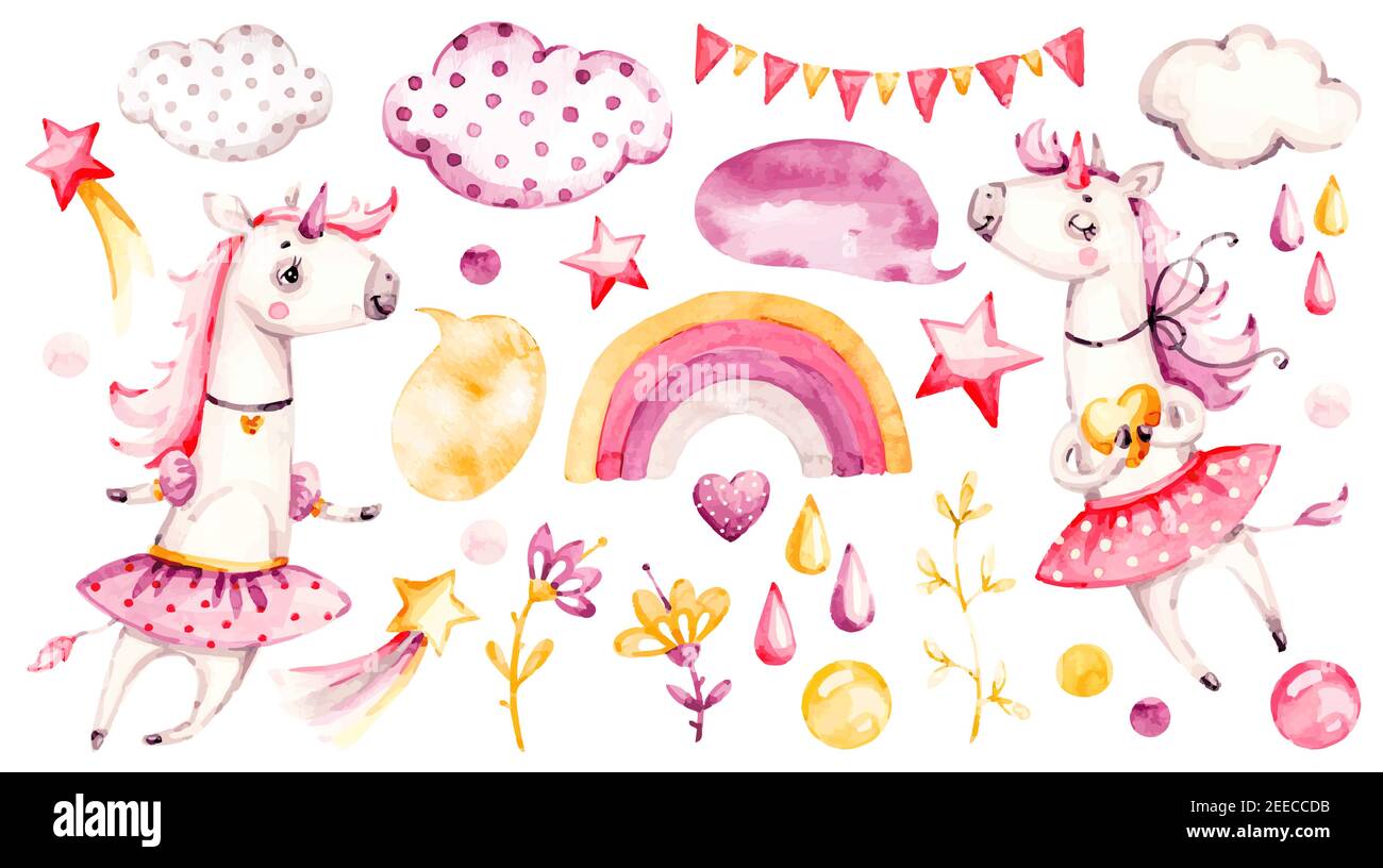 Nettes Einhorn Baby Mädchen. Aquarell Vektor Kindergarten Cartoon magische Tiere, rosa Wolken, Regenbogen. Entzückende Nurseries Prinzessin Set Stock Vektor
