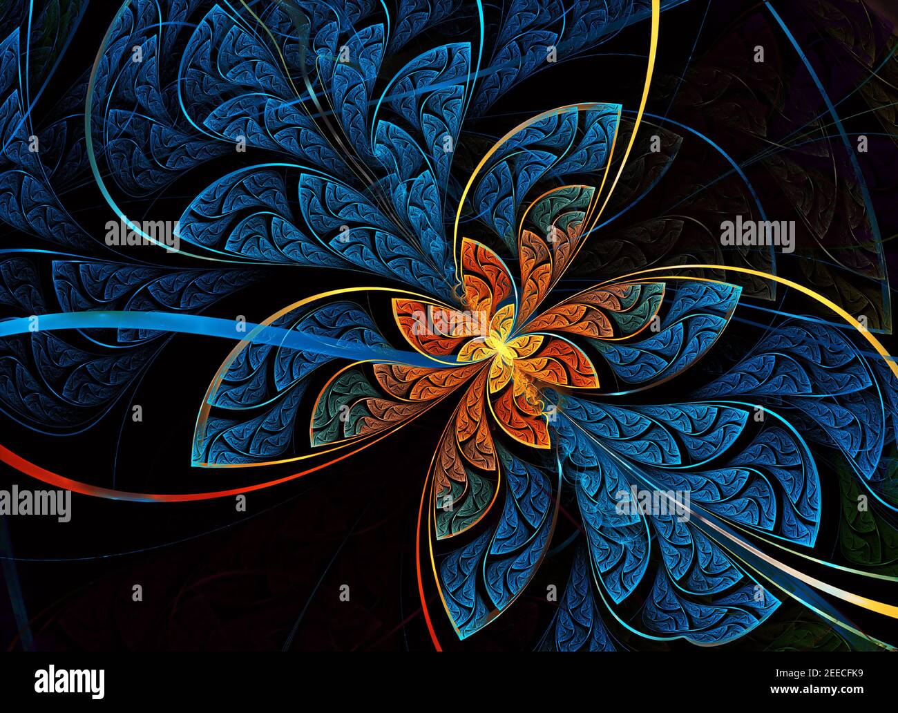 Mehrfarbige symmetrische Fraktal-Muster als Blume oder Schmetterling in Buntglas-Fenster-Stil. Computergenerierte Grafiken. Stockfoto