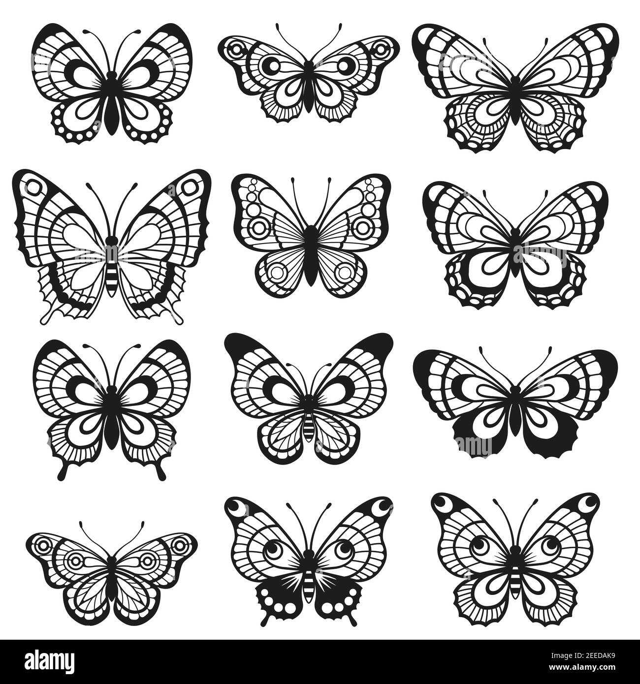 Vektor Silhouette elegante Schmetterling isoliert auf weißem Hintergrund. Set von Easy Laser geschnitten Datei für Hochzeit Design, Geburtstagskarte Dekor und Scrapbooking Stock Vektor