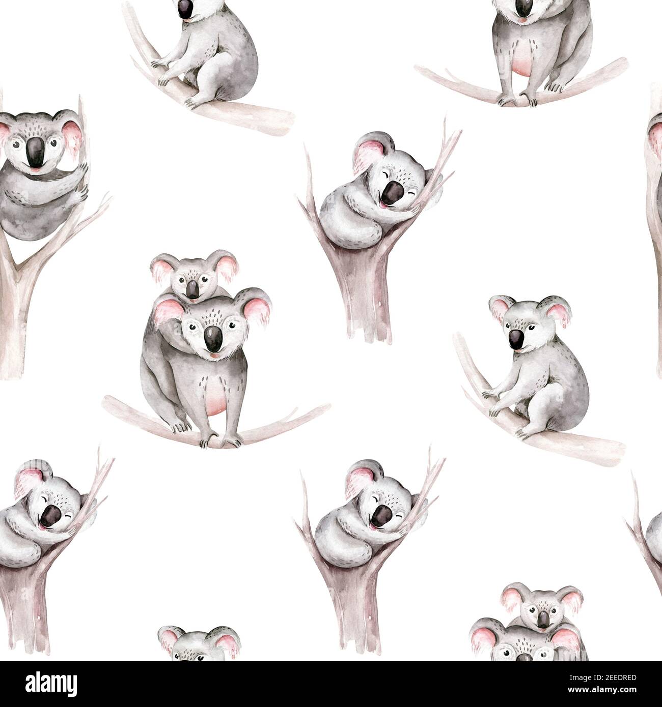 Aquarell nahtlose Muster Cartoon Baby Koala tropischen Tier Illustration. Exotischer Sommerdruck im Dschungel. Isoliertes Design des australischen Zoos Stockfoto