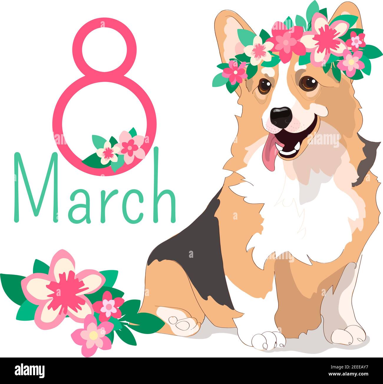 Lustige Weihnachtskarte mit walisischen Corgi in einem Blumenkranz. Zufrieden Hund mit hervorstehenden rosa Zunge. Die Inschrift vom März 8. Vektor-Grußkarte für Frauen Tag isoliert auf einem weißen Hintergrund Stock Vektor